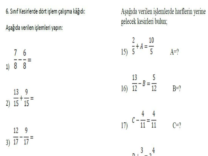 kesirlerde toplama cikarma